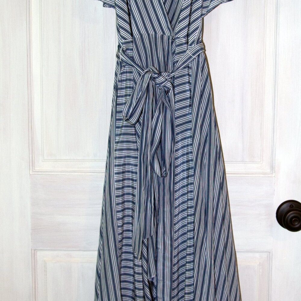 Striped Wrap Dress Navy and White with Open Back Size 4 Silk Blend Brooklyn - Picture 6 of 12